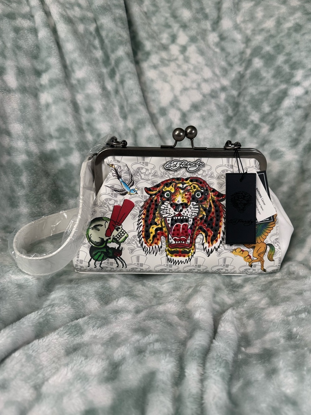 Ed Hardy White Kiss-lock Handbag with Multicolor Tiger Graphic